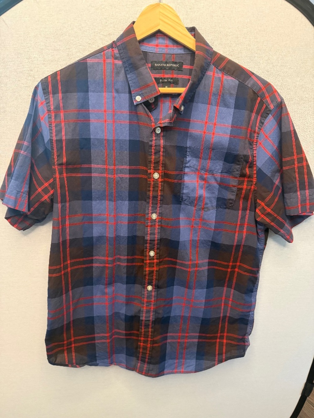 Banana Republic Men’s Medium Slim Fit Plaid Short Sleeve Button Down Shirt